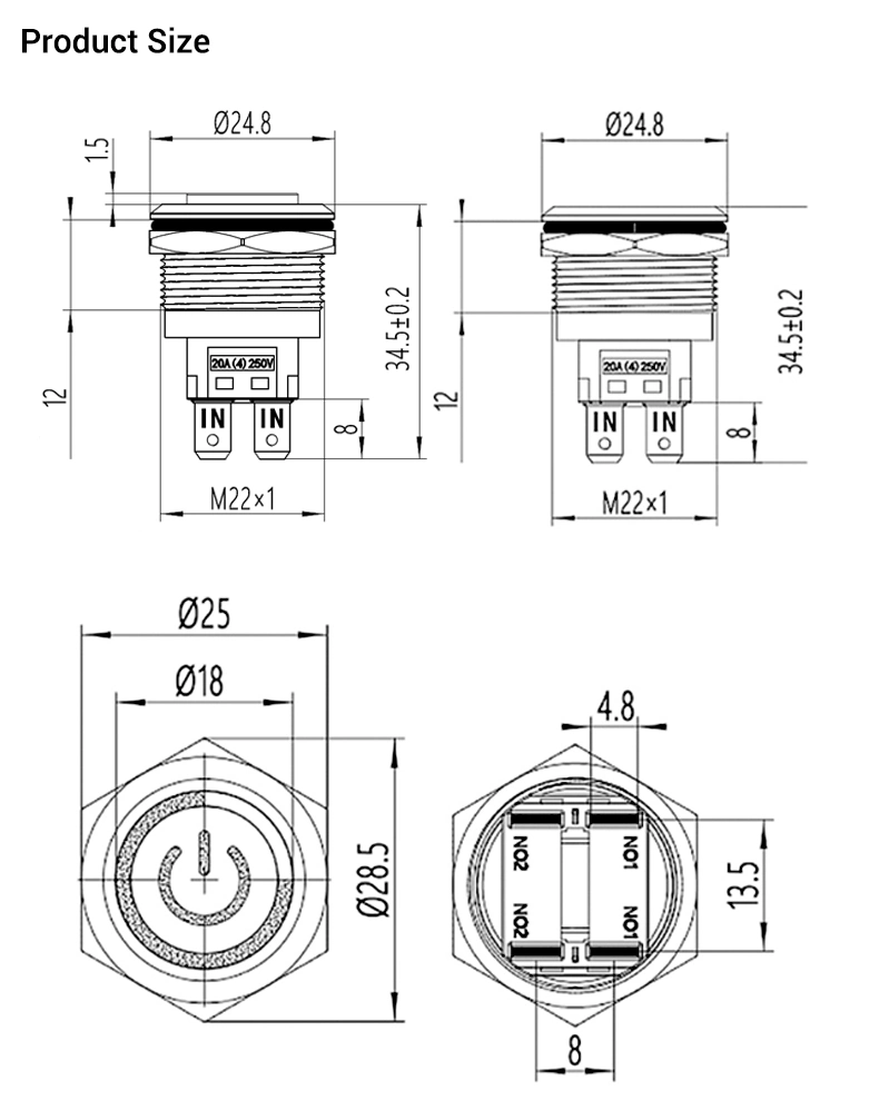 Wd 22mm High Current No Light Waterproof Start Metal Push Button Switch