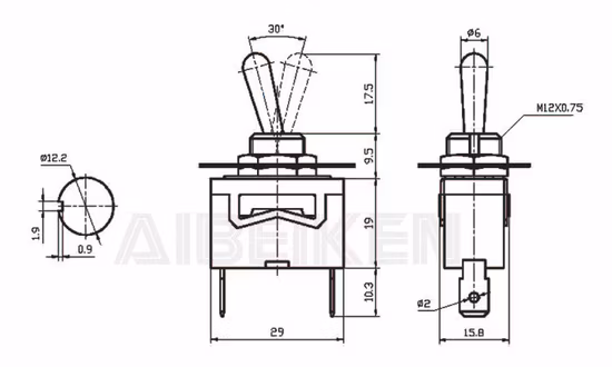 Terminal de soldadura Dpst de 12 mm, 4 pines, CA media, 15 A, 250 V, contacto plateado, interruptor de palanca de 2 vías, marrón